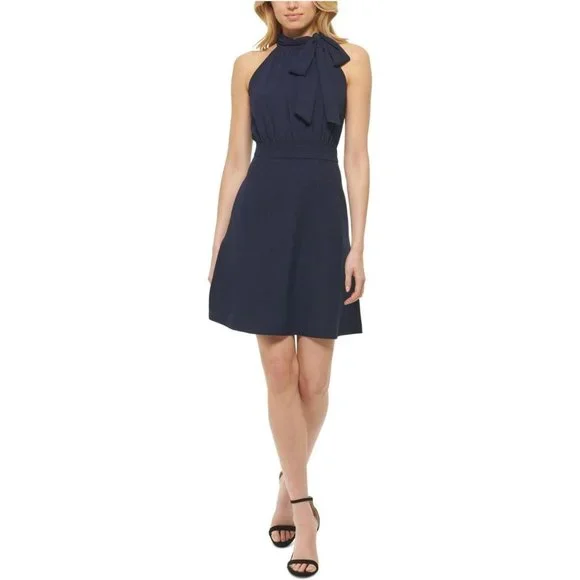 knee length dresses for ladies Vince Camuto Sleeveless Tie Halter Neck Ruffle Satin Gown